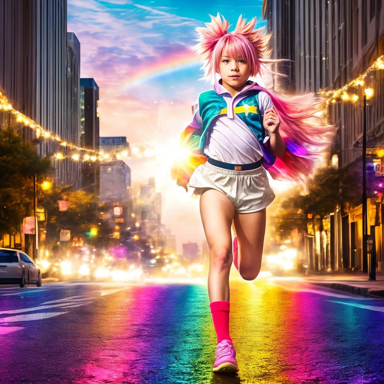 AI generated: Cute Hero girl with pink hair, gold star decorations on outfit, in the style of my hero academia, sh...