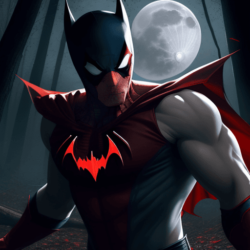AI generated: we are seeing a white skin vampire man like superhero, in a red and blue sleeveless superhero type s...