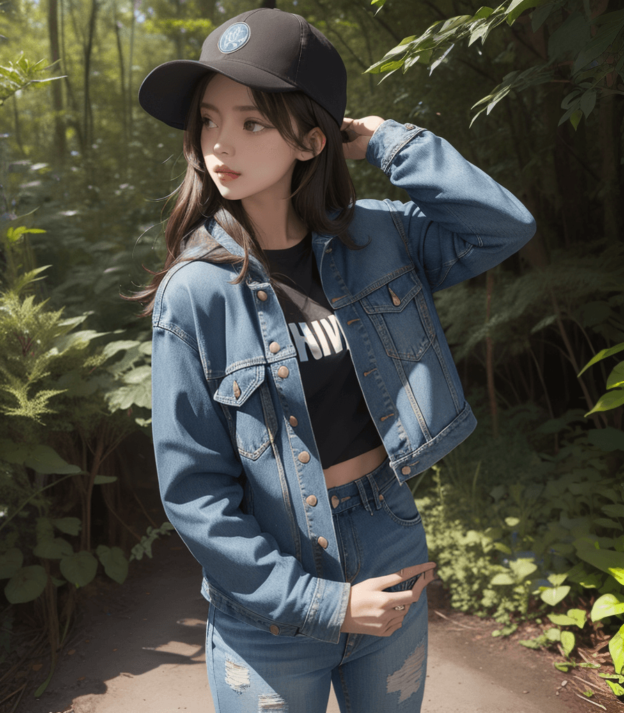 AI generated: (best quality:1.4), 1girl, denim jacket, jeans, adventurous, deep forest