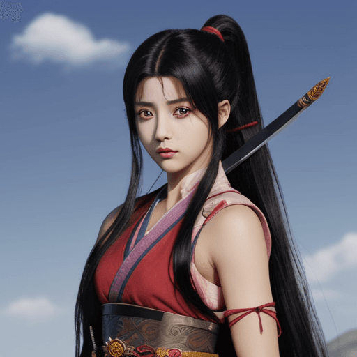 AI generated: anime styled, female hwarang warrior, very beautiful, black hair, red eyes, korean