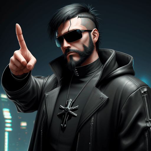 AI generated: cyberpunk priest with cyberware and aviator sunglasses. short black hair and short black beard. Poin...