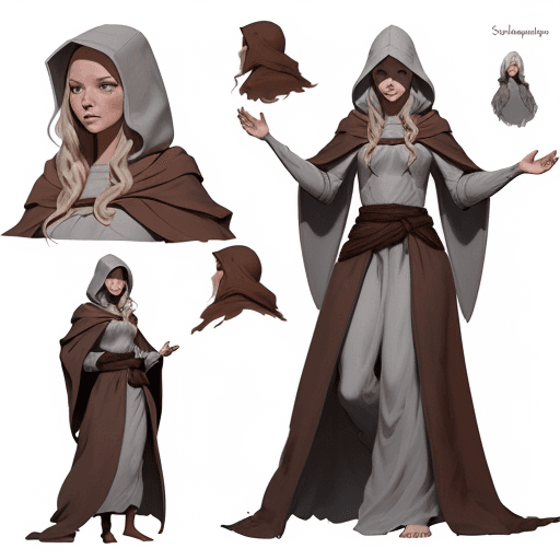 AI generated: Young beautiful Scandinavian sorceress wearing a brown robe with a hood over her head, head and body...