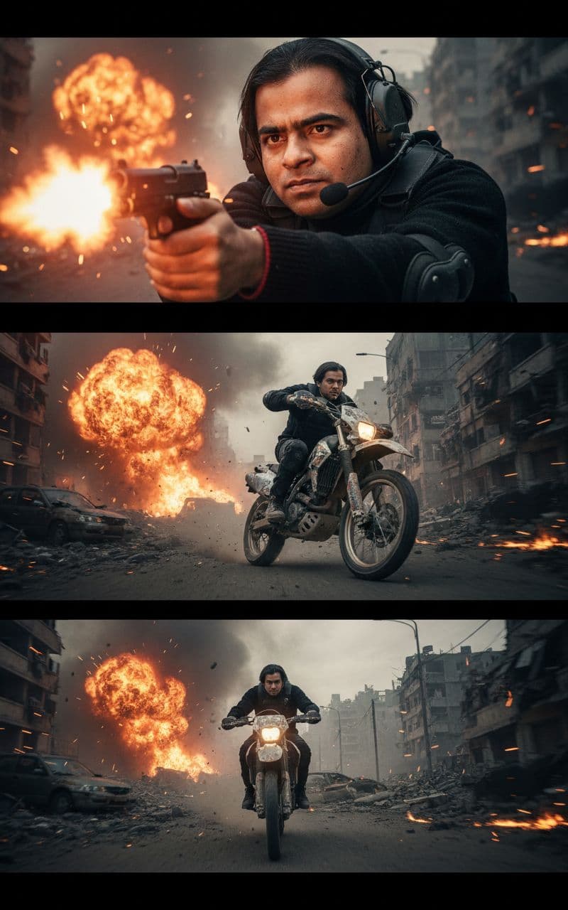AI generated: ""Start with a close-up on the man's determined face as he fires the gun, muzzle flash illuminating ...