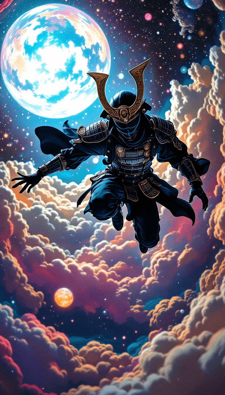 AI generated: An ailen in a samurai suit suit flying to a glowing planet in style of henri matisse --chaos 25 --ar...