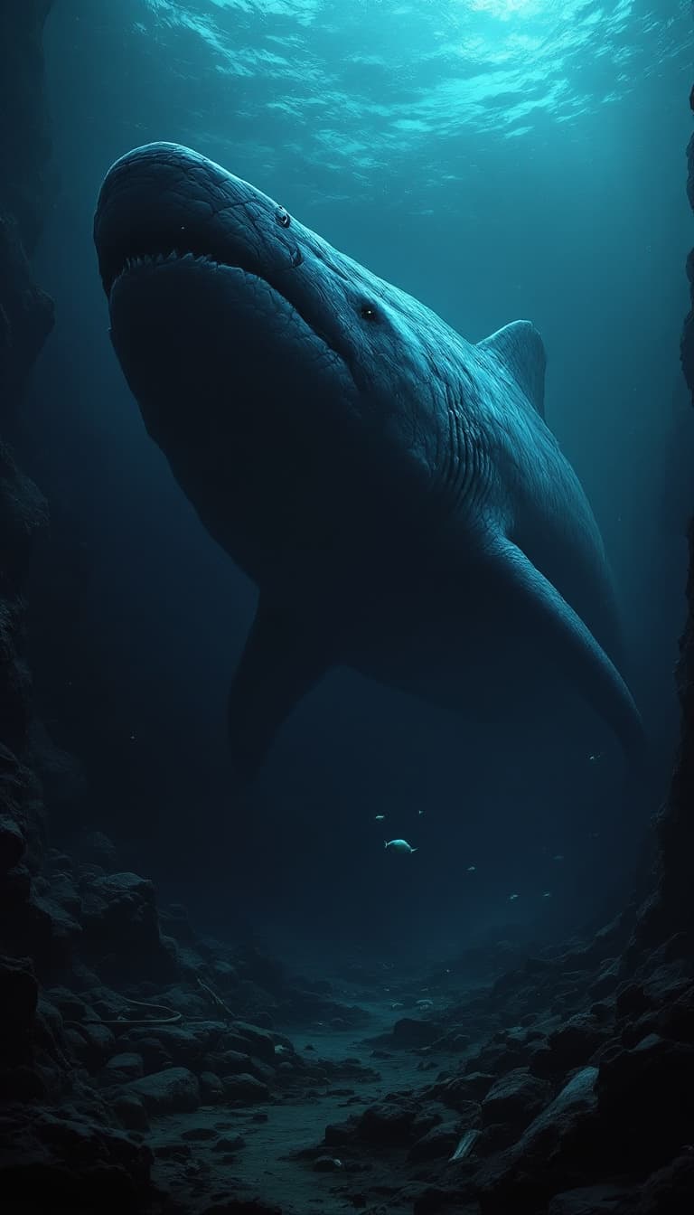 AI generated: A colossal Megalodon, fully visible, swims silently through a deep, ancient ocean trench. Its massiv...