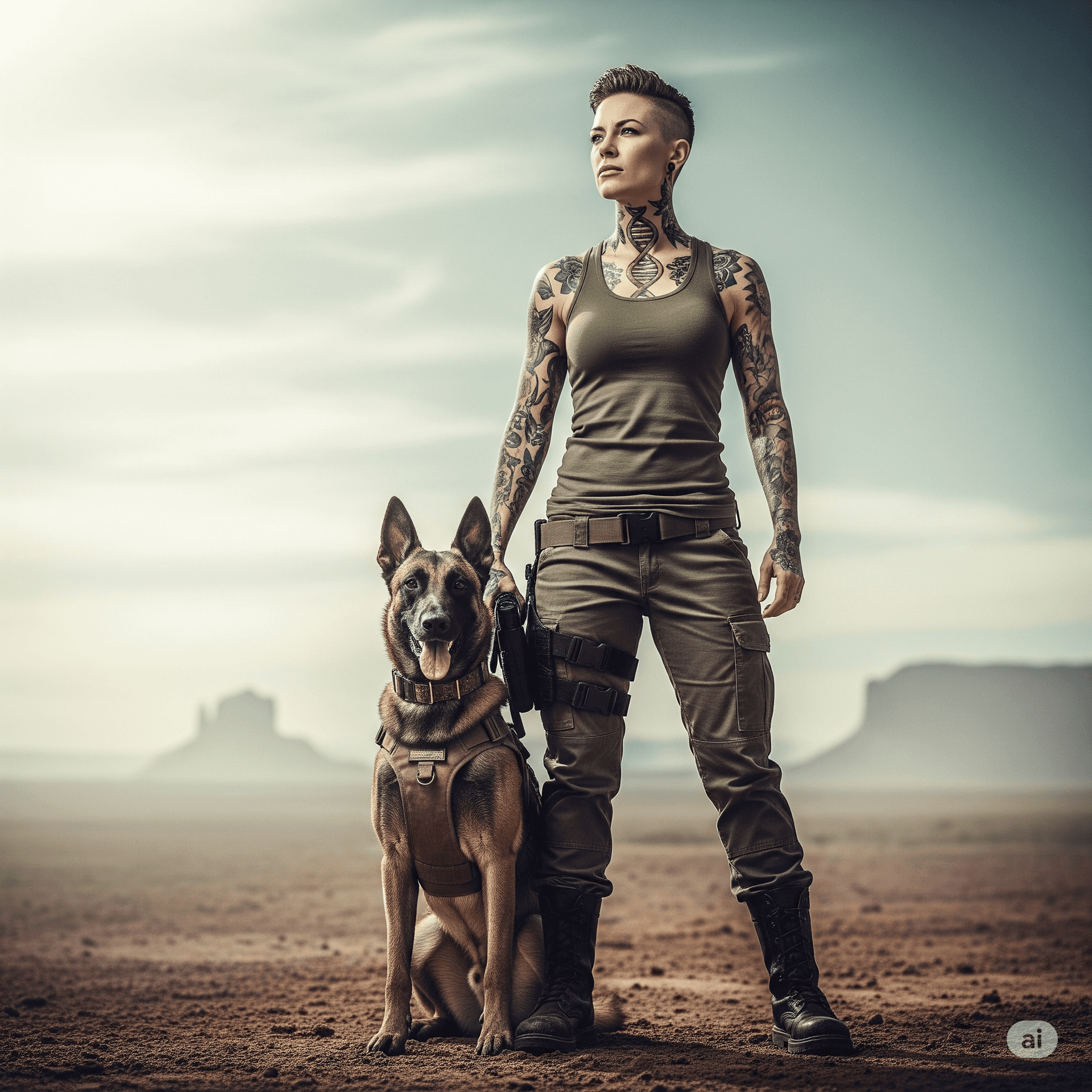 AI generated: cinematic shot of a a tough, short-haired woman with extensive tattoos, including a prominent DNA he...
