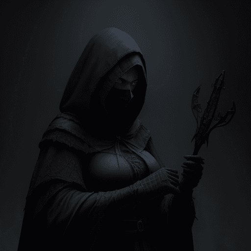 AI generated: Dark assassin. Hood. in the night. flowing fog. realistic depiction of dim light and shadow, fresnel...