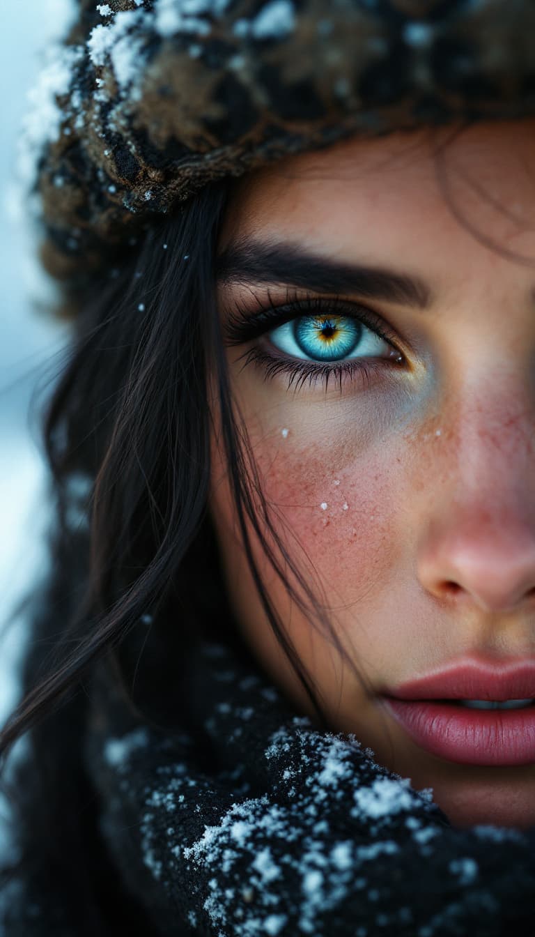 AI generated: In a mountain with snow, A close-up color portrait of an Afghan woman with blue eyes, long black hai...