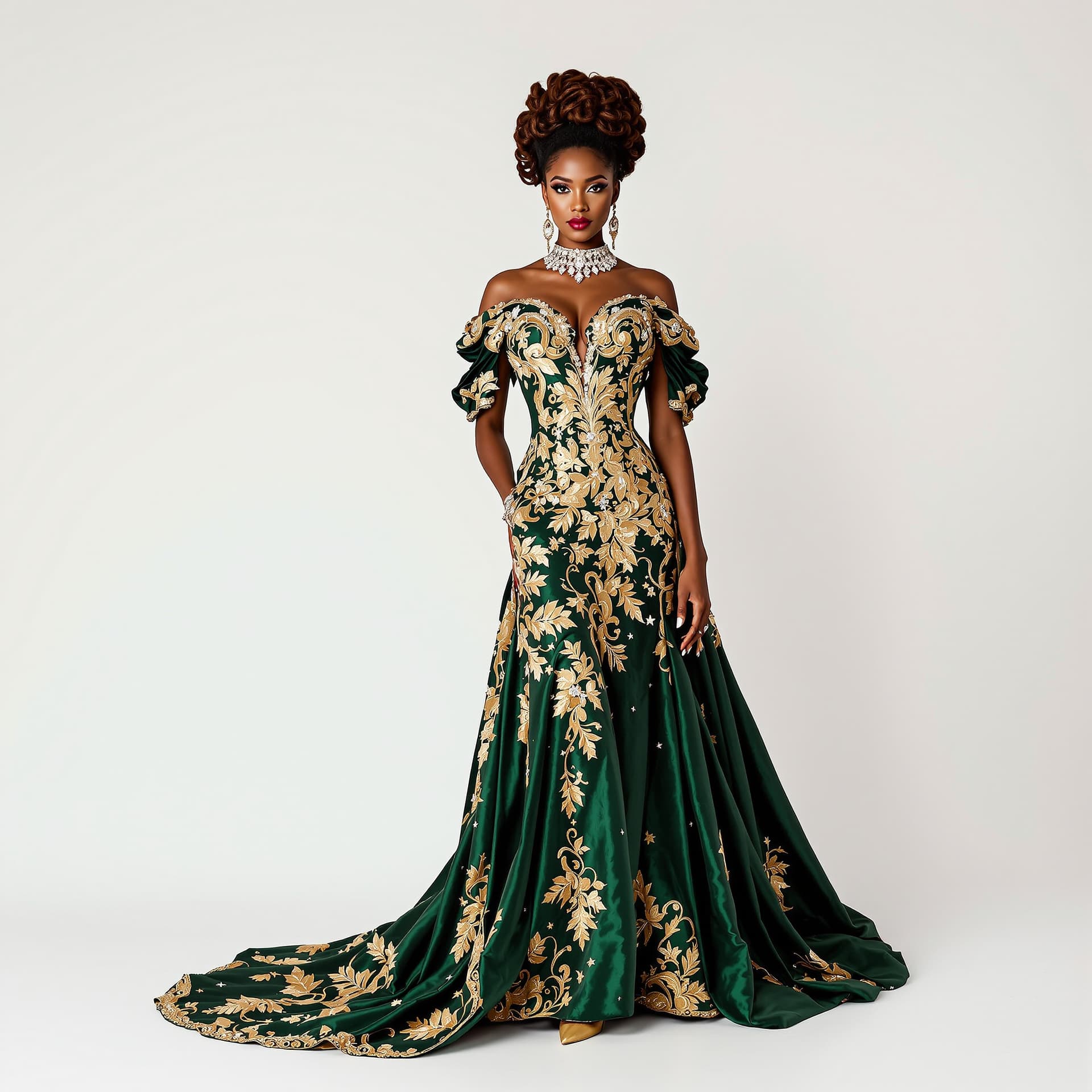 AI generated: A stunning African American woman dressed in Victorian-era fashion stands gracefully in full view ag...