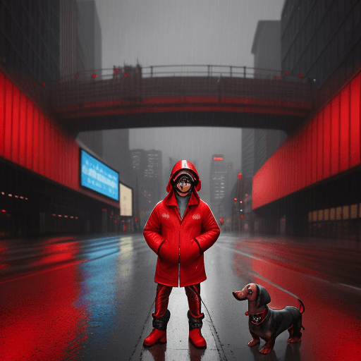 AI generated: dachshund dog, red, one eye blue, the other brown, wearing large Marshall headphones, a red down jac...