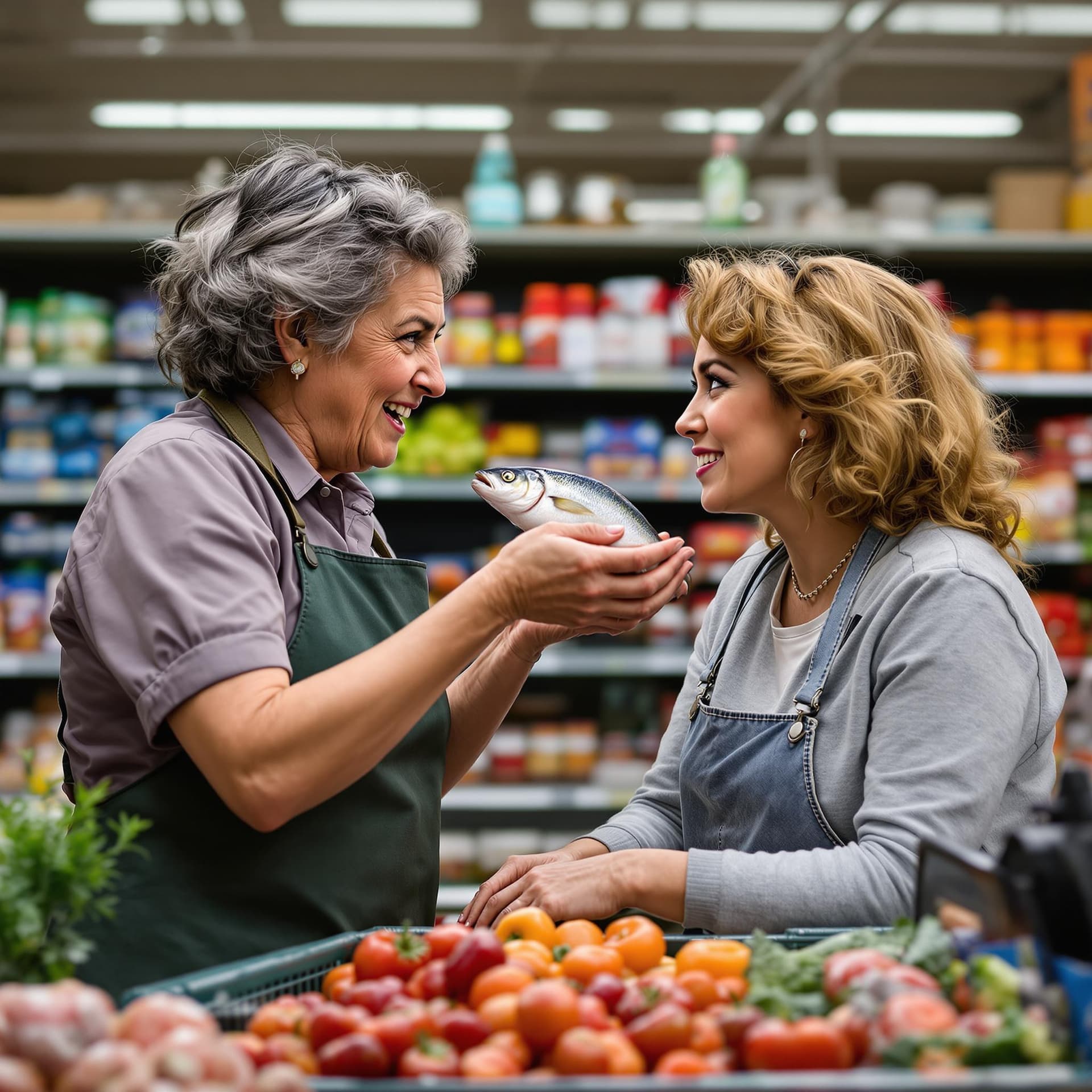 AI generated: It sounds like you’re describing a humorous or dramatic scene in a grocery store setting. The image ...