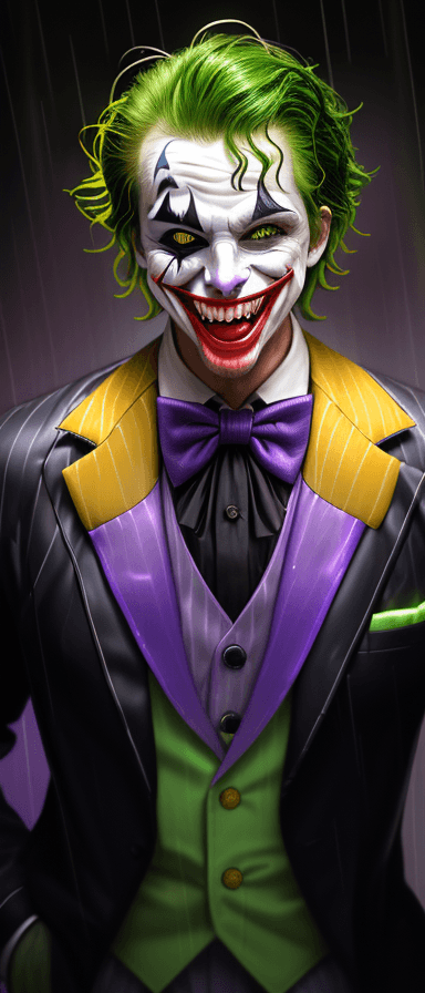 AI generated: Outside in the rain, bright lightning, full-length man in a Joker mask, hair on his head standing up...