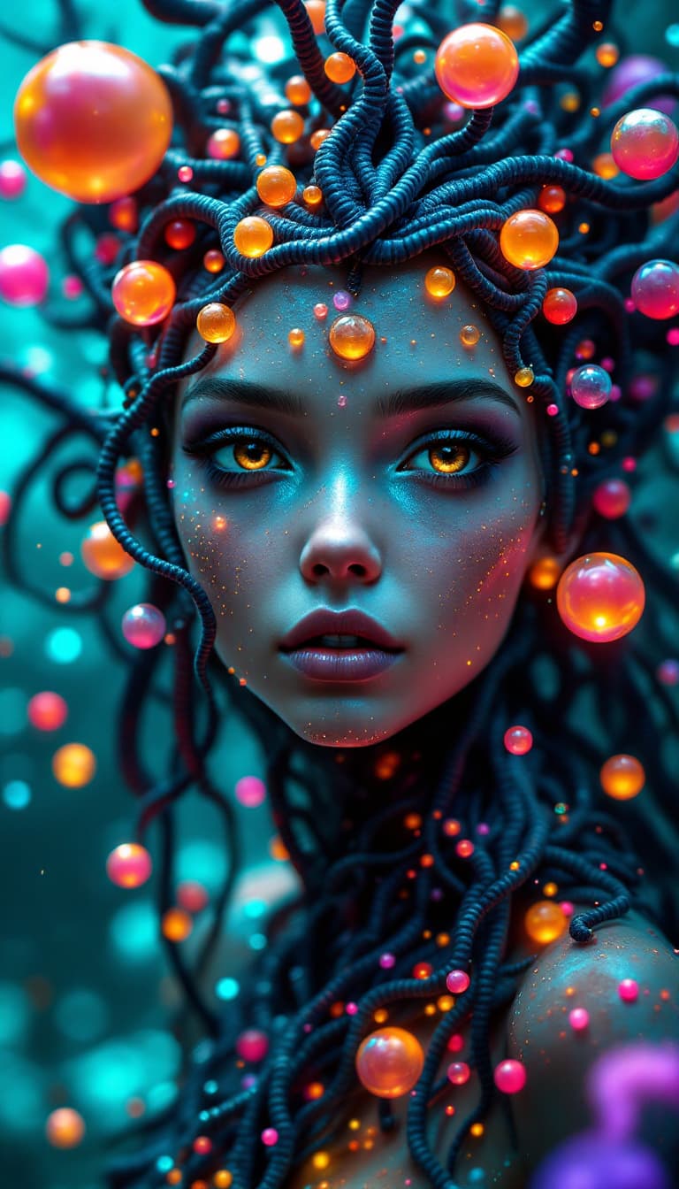 AI generated: Surreal 4k painting of an alien princess with expressive brown eyes and cosmic features. Her skin ap...
