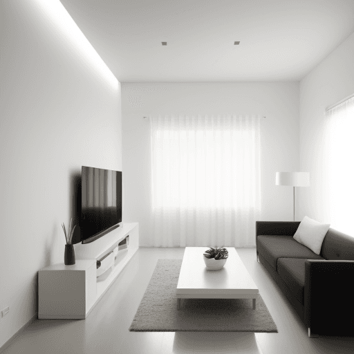 AI generated: arquitectura minimalista, vegetacion, color blanco, de un solo nivel, ventanas amplias, espacios de ...