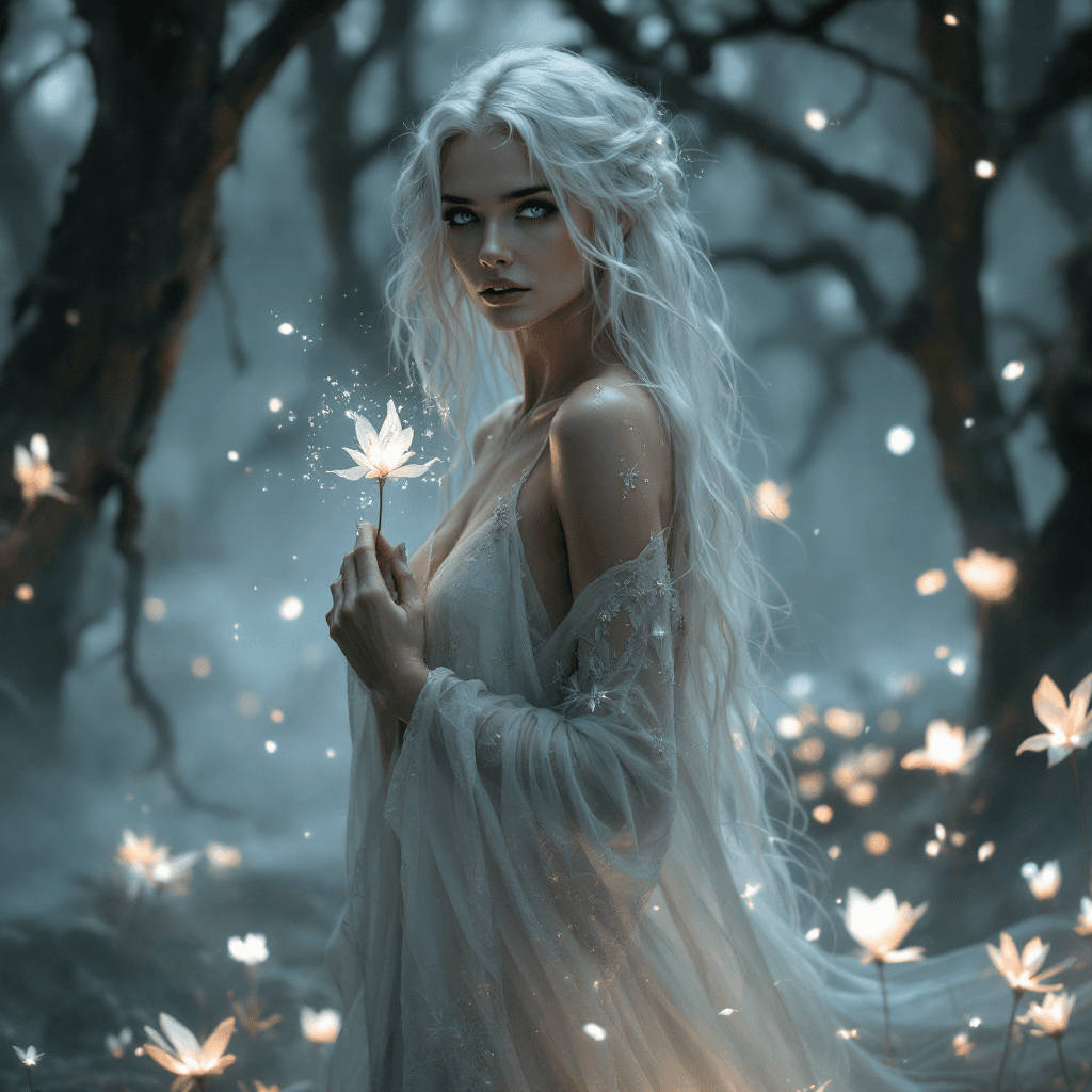 AI generated: The Mist Walker: A mysterious woman with long, flowing, platinum blonde hair that seems to blend wit...