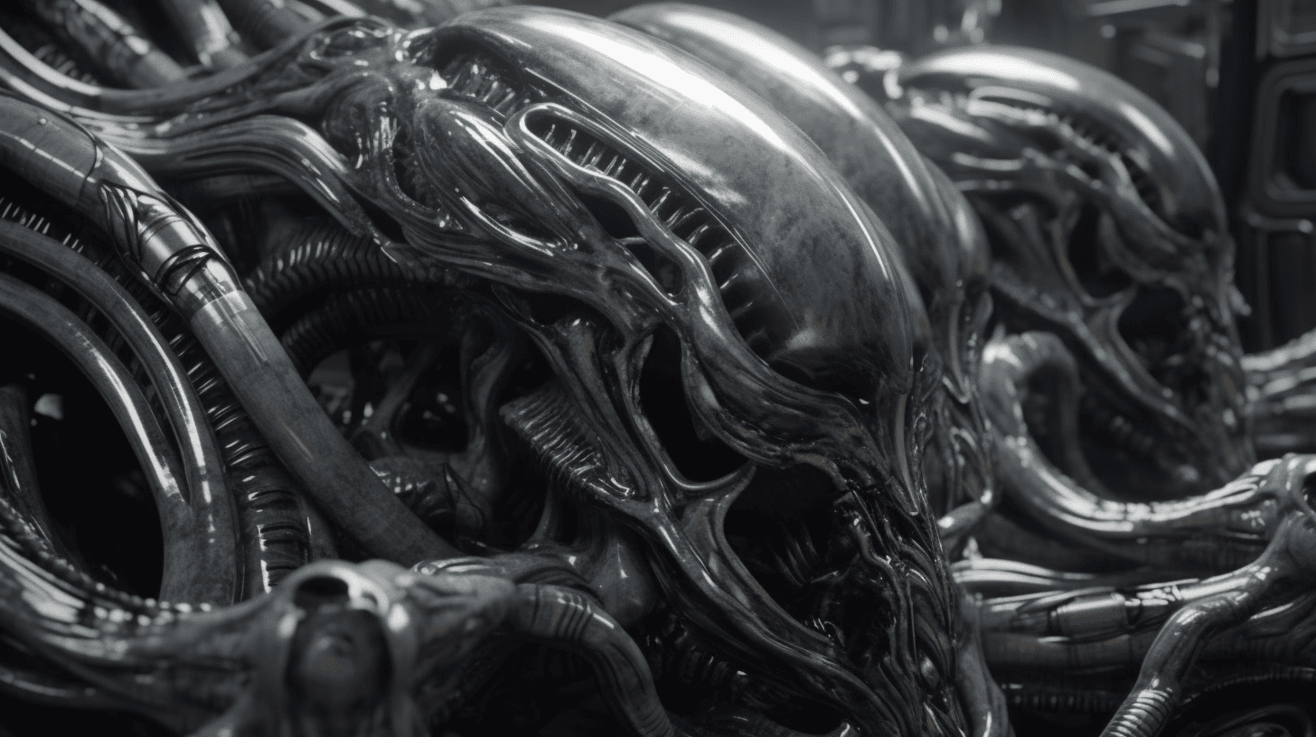 AI generated: H. R. Giger biomorph architectures, walls with Giger xenomorphs and aliens, detailed, shiny silver m...