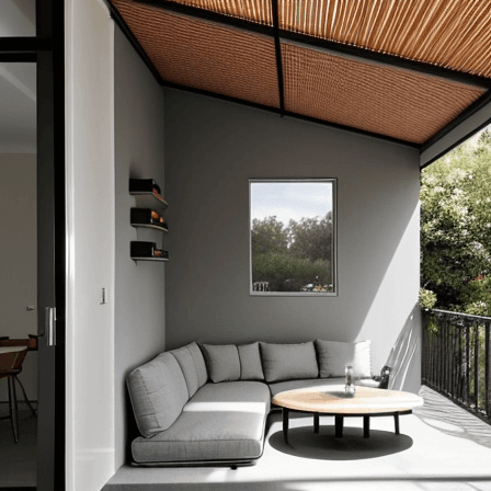 AI generated: 2 couches backed from a beatiful modern balcony door which leads to a veranda in ground 0,a backed t...