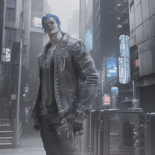 AI generated: Frankenstein, cyberpunk, outdoor, street, royal blue, hyperrealism, photorealistic, 8k, unreal engin...