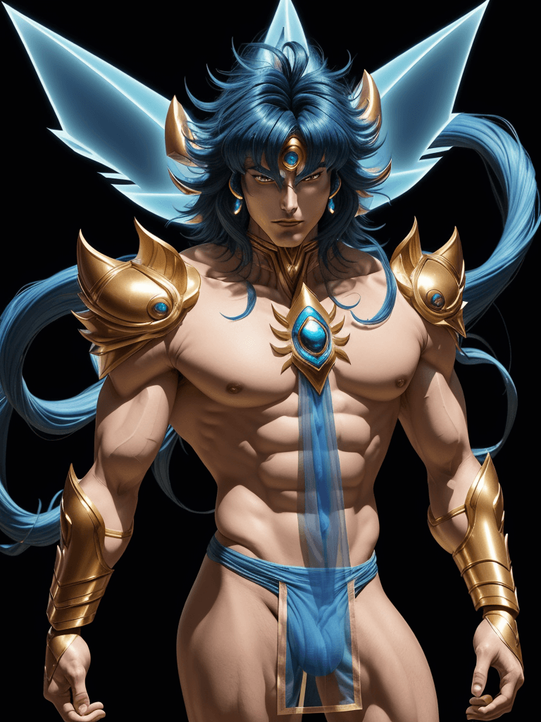 AI generated: Cancer Deathmask from Saint Seiya, italian complexion, big muscles and big thighs, deep blue hair, i...