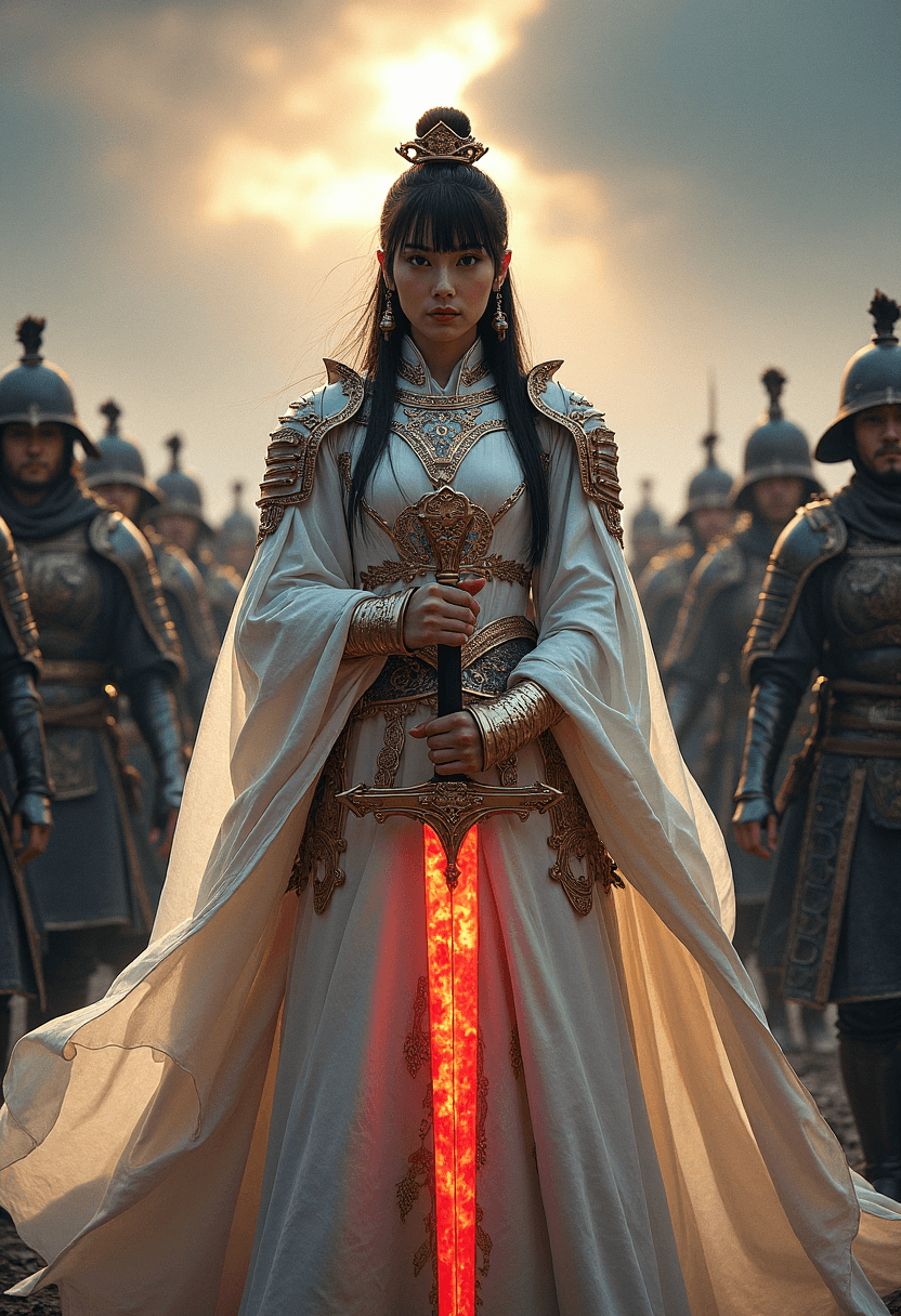 AI generated: Female oriental knight in full armor, hkstyle, white with gold embellishments, bangs, earrings, hold...