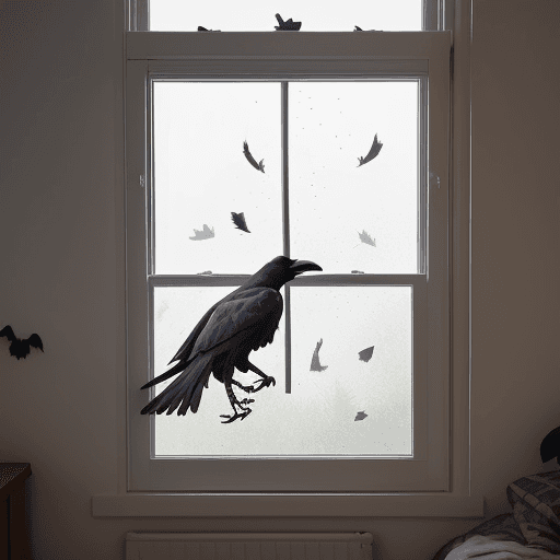AI generated: A view from inside a bedroom of a crow smashing through the window from outside