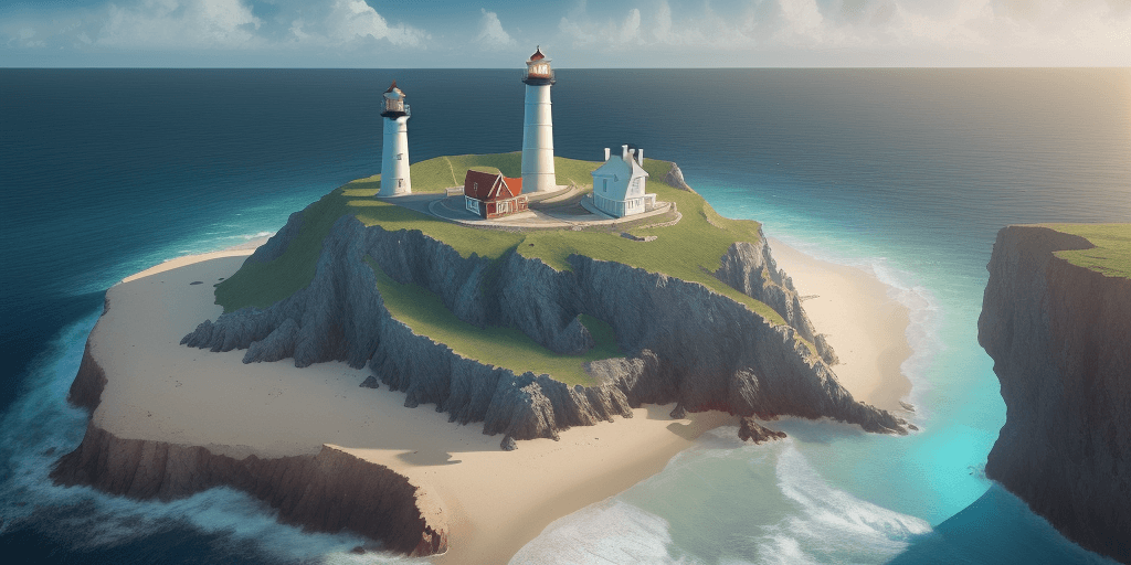 AI generated: a lighthouse sitting on a small island in the ocean, in the style of photorealistic fantasies, cryen...