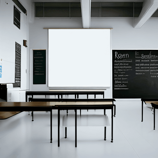 AI generated:  Empty classroom, no chairs or tables, natural lighting from windows, clean tiled floor, white paint...