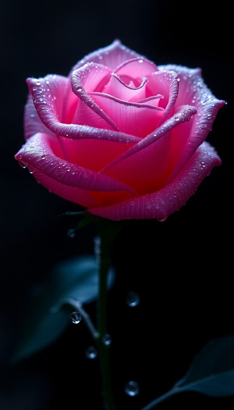 AI generated: A delicate rose sculpted entirely from luminescent spider silk, dew drops clinging like tiny pearls ...