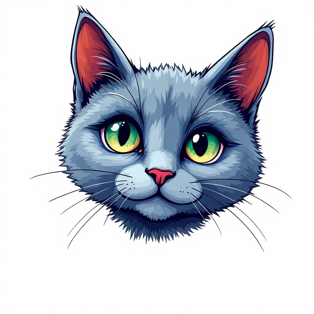 AI generated: cartoon, dollish cute russian blue cat face, emerald green eye, simplify, expressive eyes and a play...