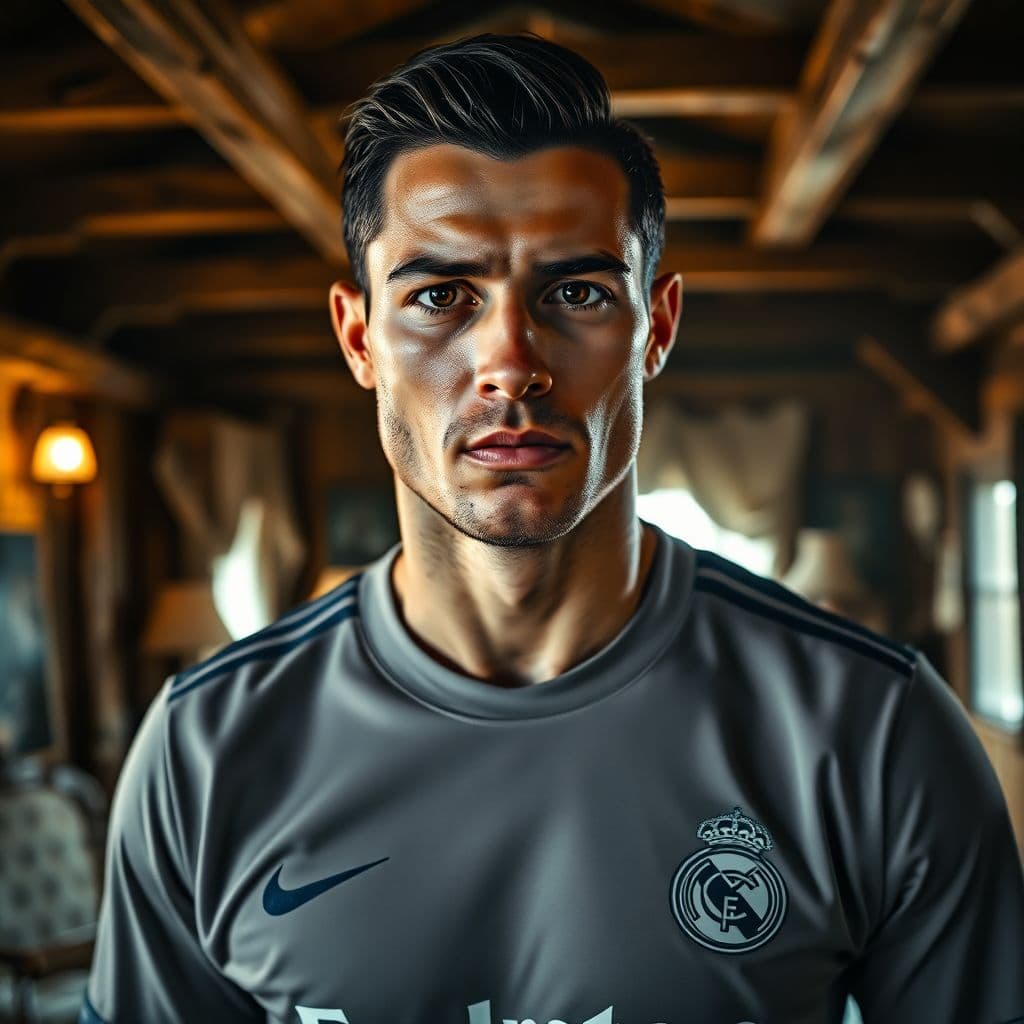 AI generated: A highly detailed and emotional close-up of Cristiano Ronaldo wearing a Real Madrid jersey, standing...