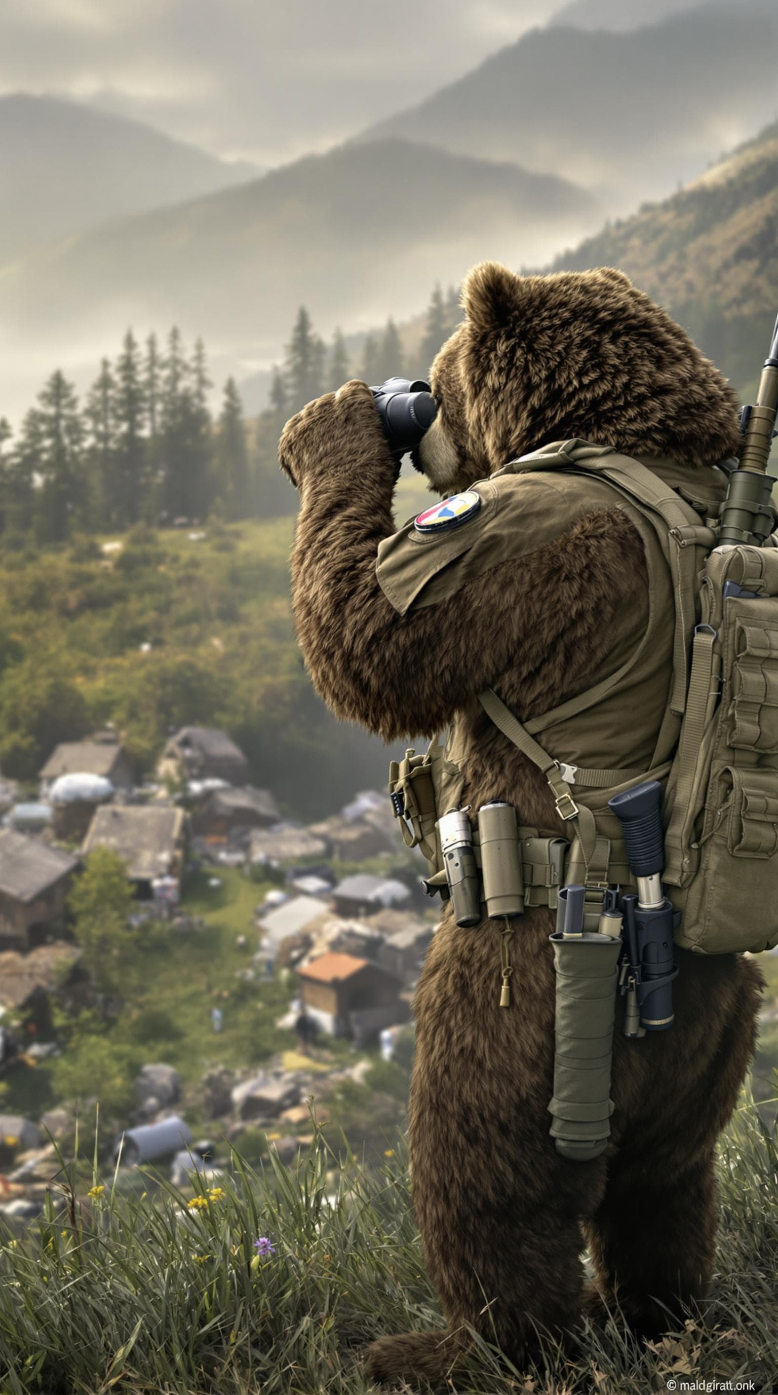 AI generated: hyper realistic photo of a brown bear wearing an army uniform, rifle on back, handgun in holster, st...