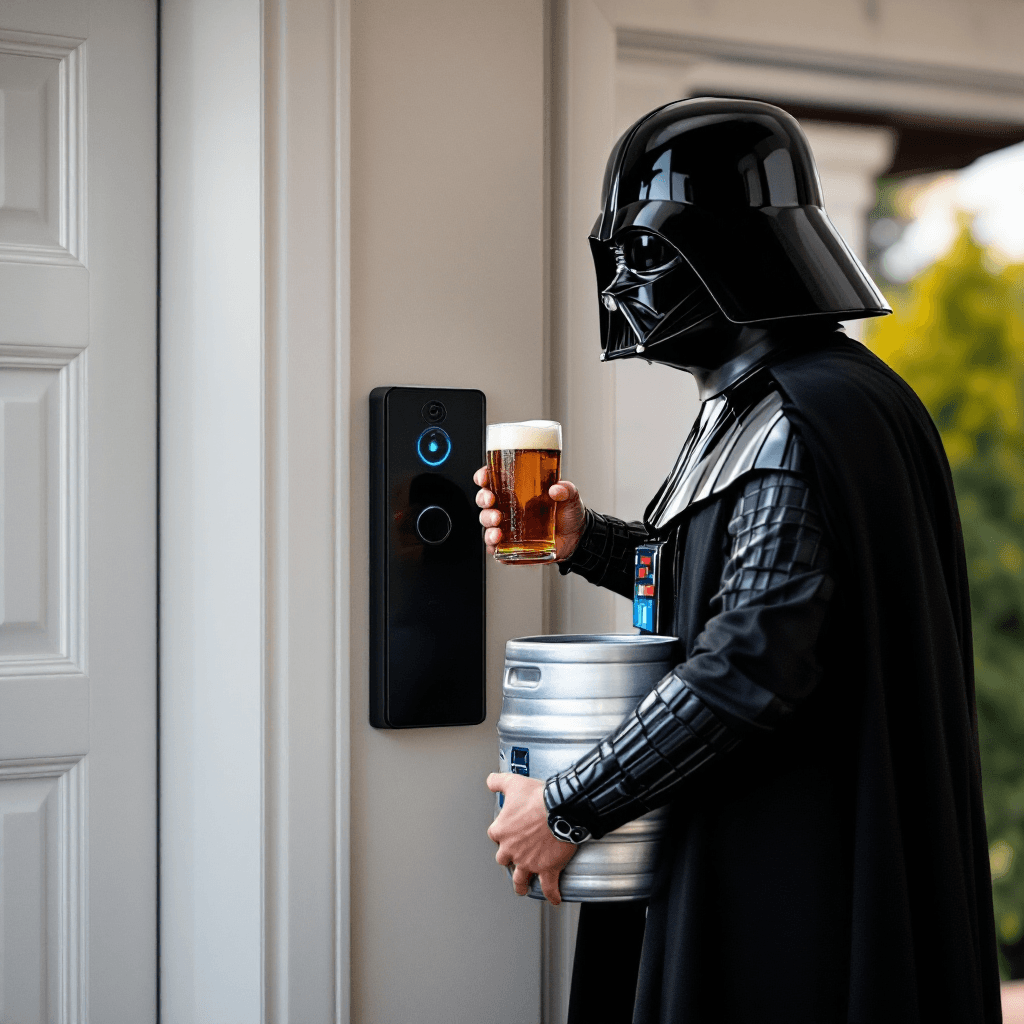AI generated: ring doorbell photo of darth vader with a keg of beer