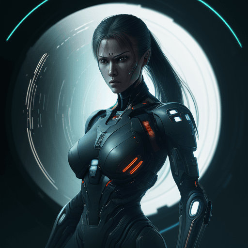 AI generated: Cybernetics, action movie protagonist, female warrior, virus, cyberspace, repeating patterns, unreal...