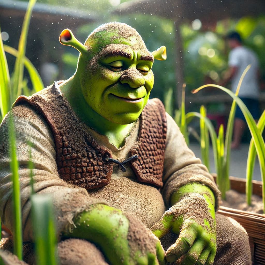 AI generated: Shrek está sentado en sus plantaciones de su jardín, cansado pero orgulloso y contento, está manchad...