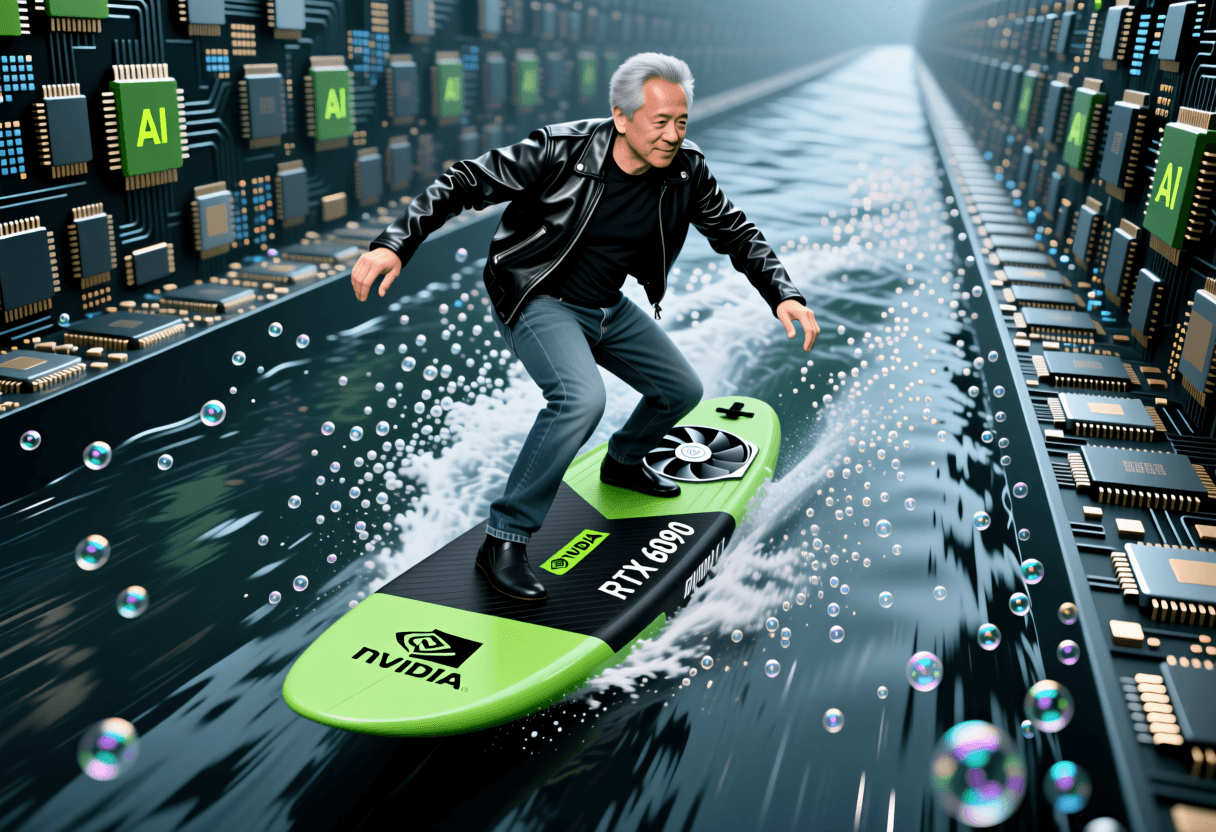 AI generated: A grey haired NVIDIA CEO Jensen Huang in a short black leather jacket, black tshirt , denim pants su...