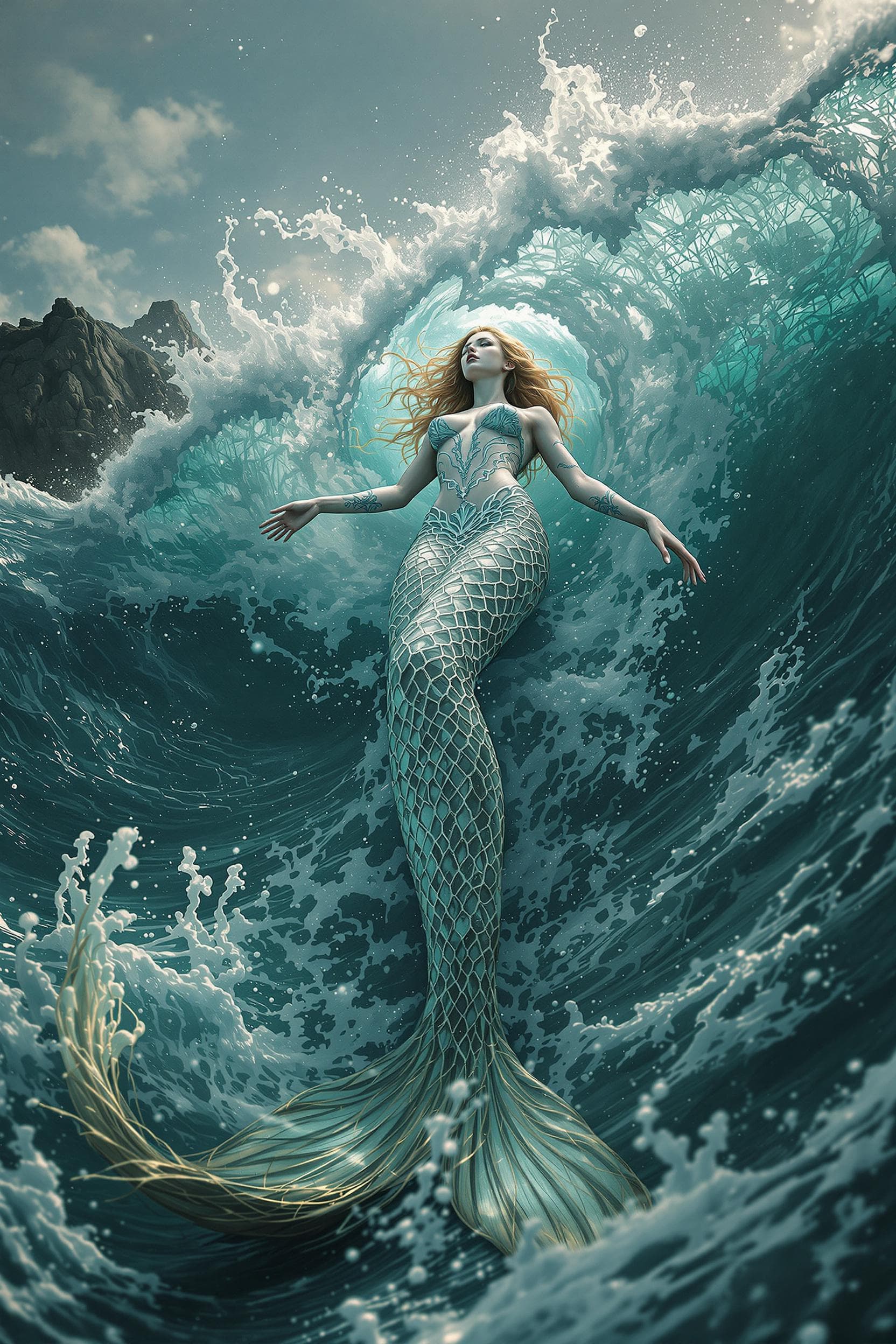 AI generated: Low angle of a graceful mermaid emerging from the ocean waves, enchanting and mesmerizing, art by Be...