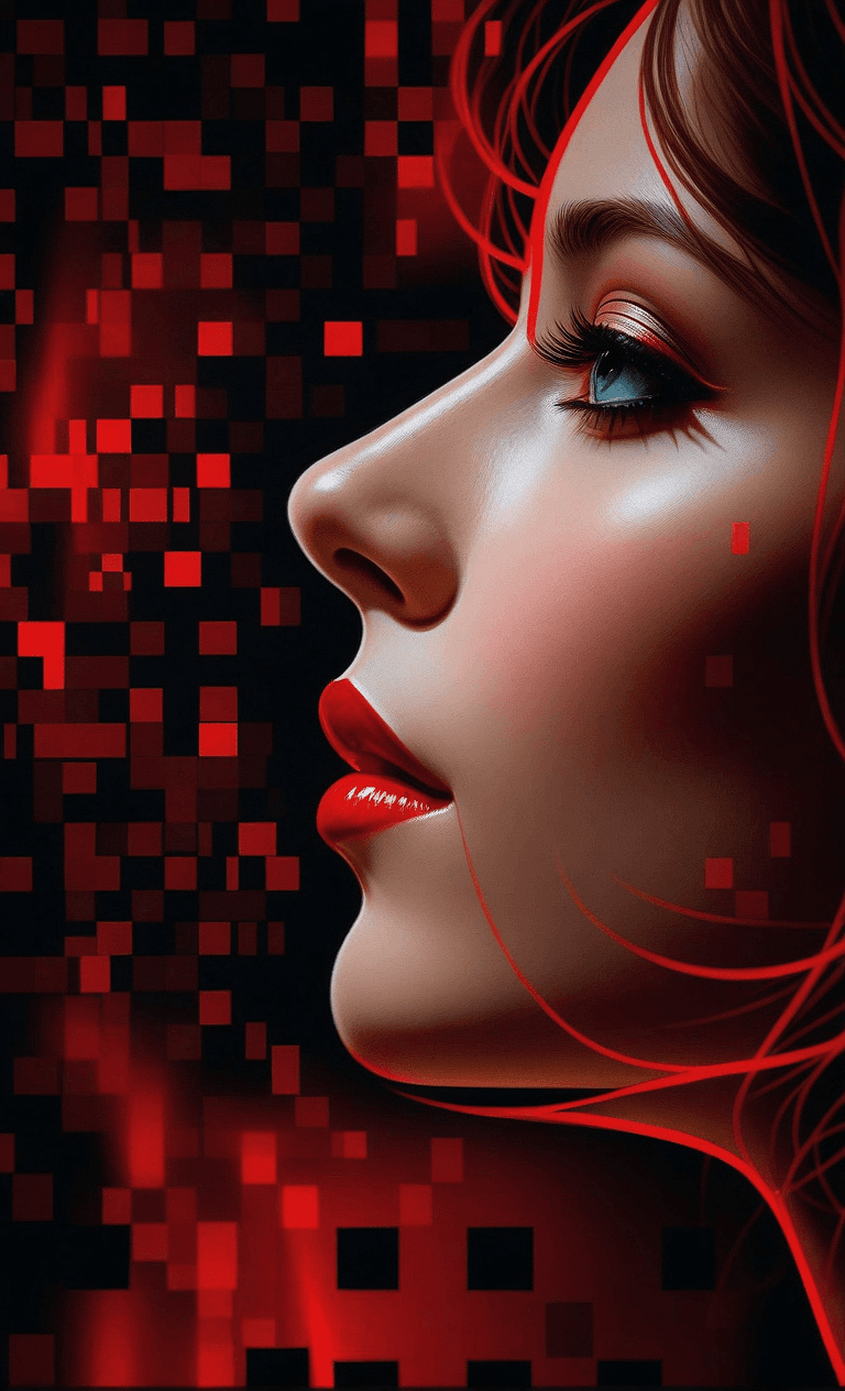 AI generated: A vertical image of a serene woman in profile. Her features are soft and detailed against a dark bac...