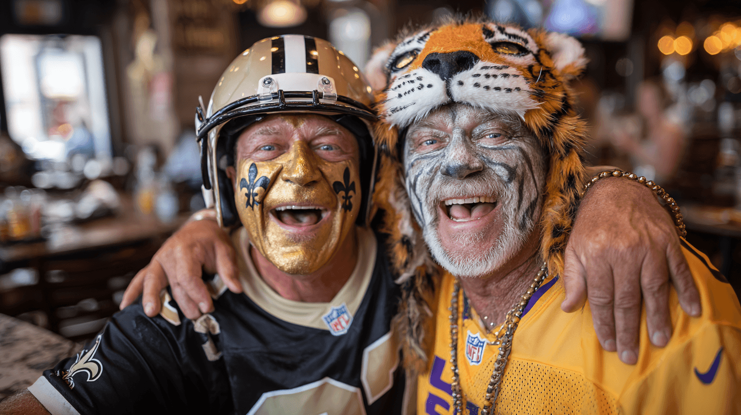 AI generated: photograph, high detail, wide scene, sports bar, a super proud fan of the New Orleans Saints footbal...