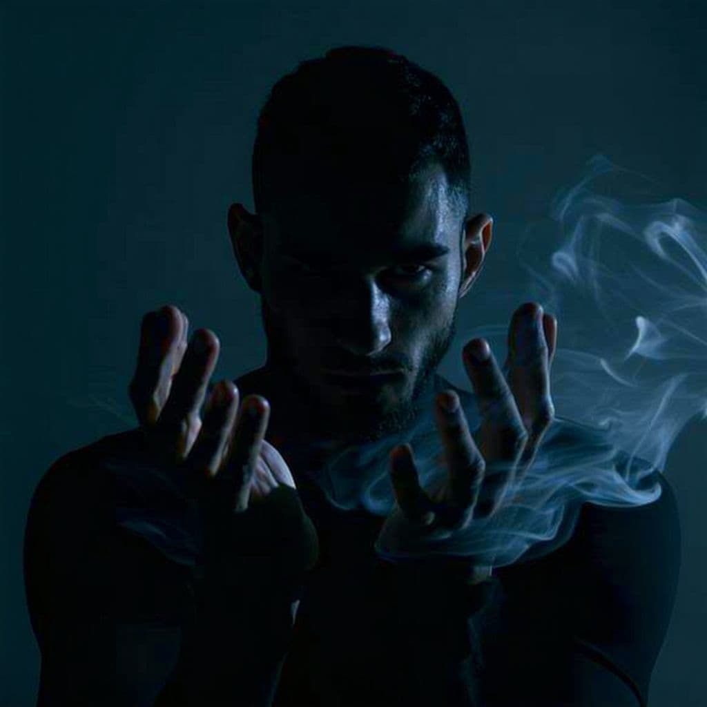 AI generated: a pitch dark men in front the camera (the Whole body steams) his hands are aligned downwards 

and h...