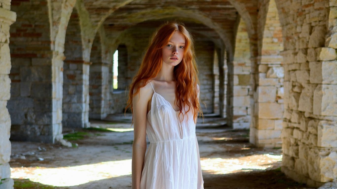 AI generated: young lady with red hair wearing their Little white Dress - they model in the ruins of an old 16th c...