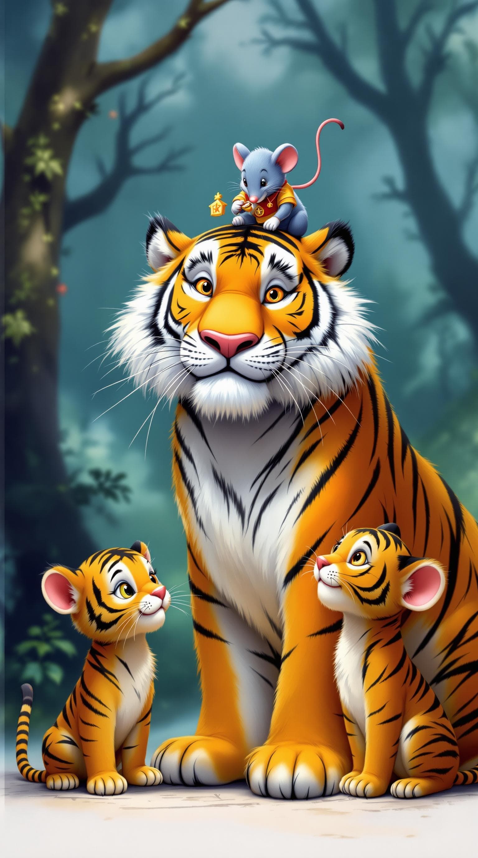 AI generated: Disney-style,a tiger and two tiger cubs, and a oversized mouse ,with a mouse on the tiger's head, th...