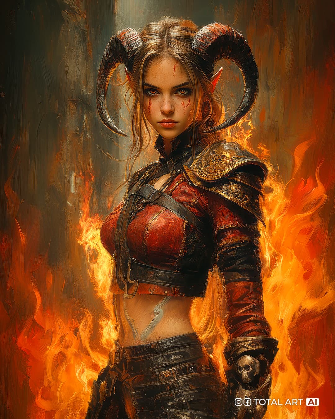 AI generated: Female daemon lord with the face of a beautiful European young brunette, with big curved horns, uses...