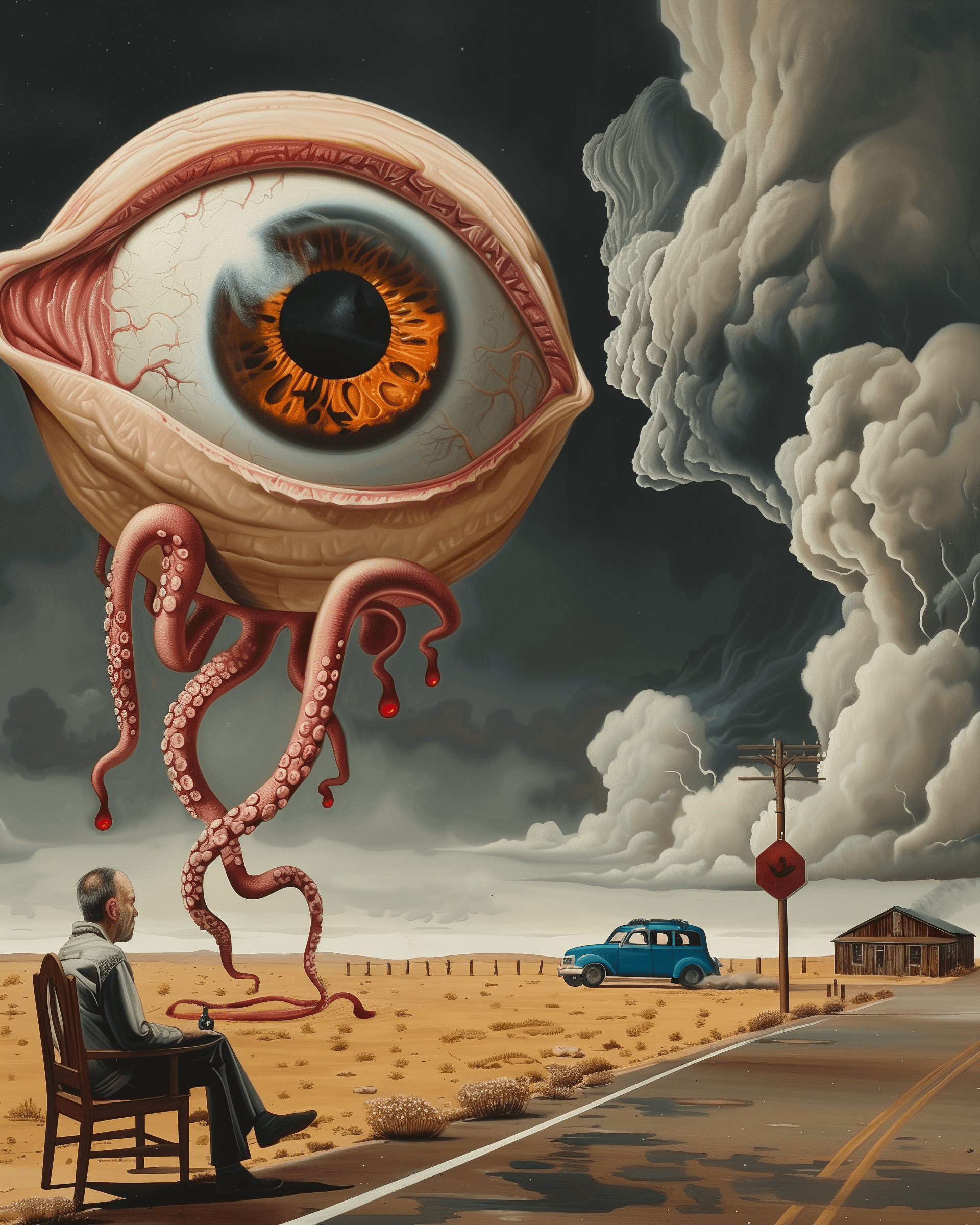 AI generated: A surrealist painting of an eye on the side, with tentacles having red meat coming out from it and c...
