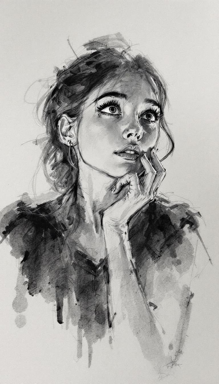 AI generated: Girl, charcoal sketch, wondering, 