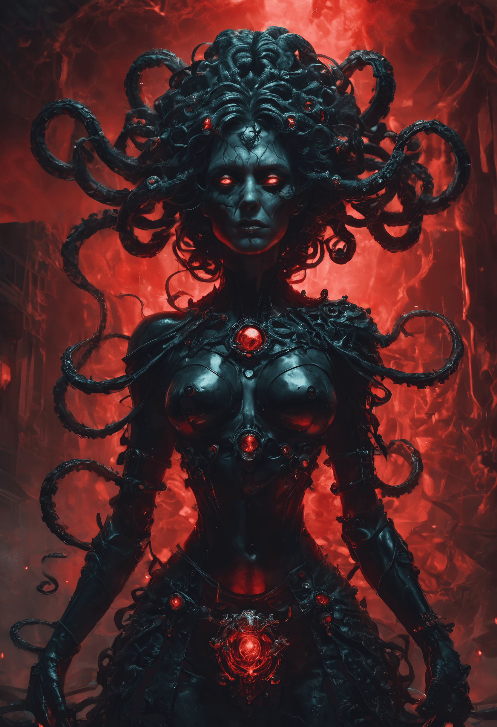 AI generated: Antagonist Medusa with gems of mist mad gaze, dark deception, cinematic in Greg Rutkowski style, hor...
