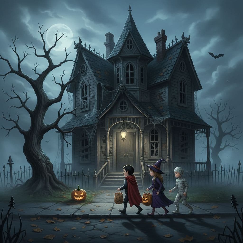 AI generated: Trick-or-treaters passing a spooky house