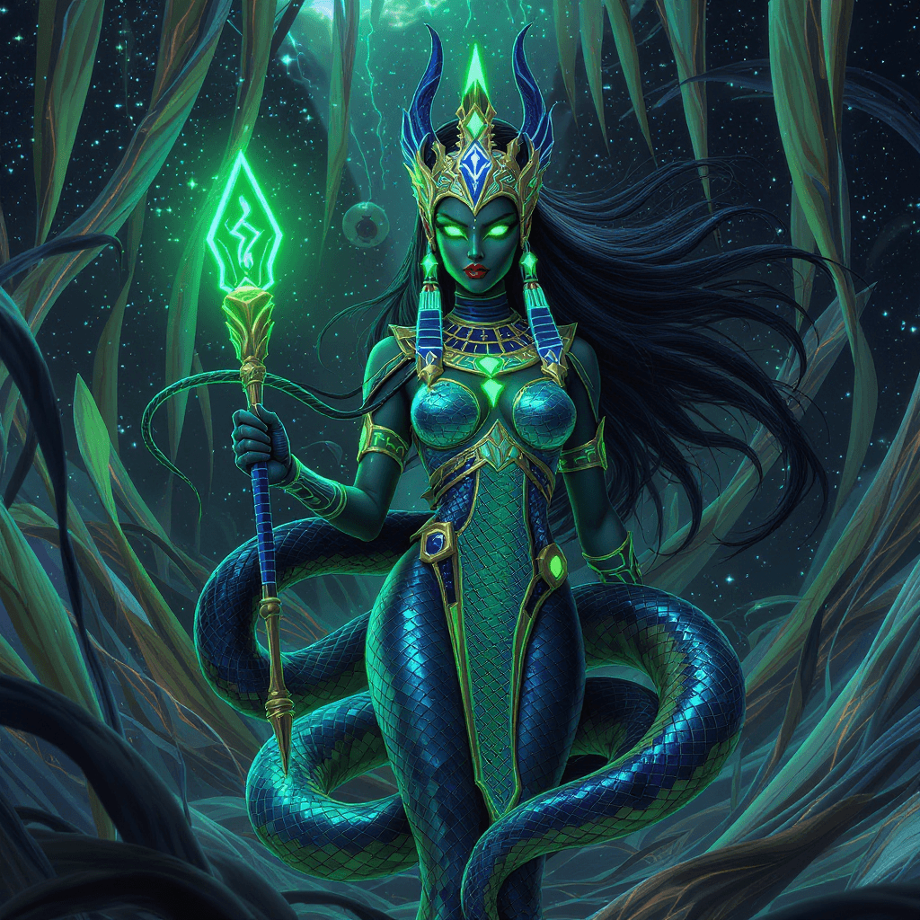 AI generated: 
{
  "nft_name": "Wadjet, Goddess of Protection and Lower Egypt",
  "collection": "Divine Neteru:...