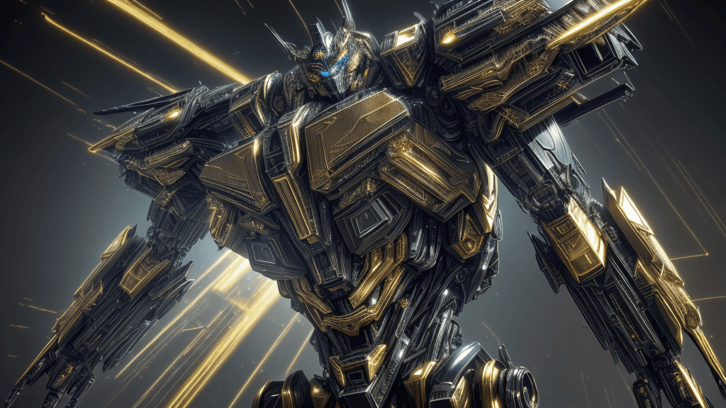 AI generated: Transformers, intricate details, metallic texture, black and gold mecha, dynamic posture, azure eyeb...