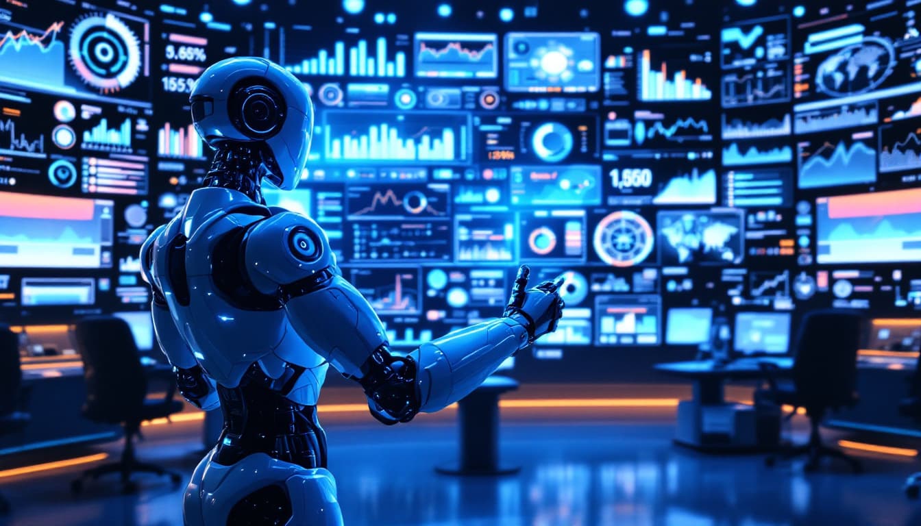 AI generated: A futuristic control room illuminated with a blue and silver glow, featuring a humanoid robot intera...