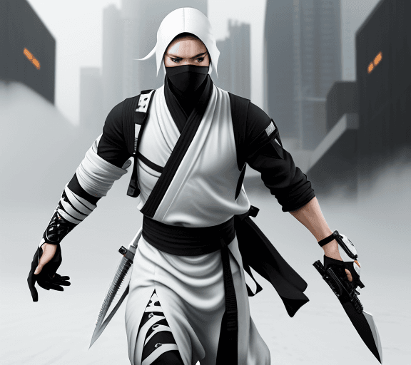 AI generated: Photo of a ultra realistic future ninja in white, with a lot of knifes and guns from the future, 8k,
